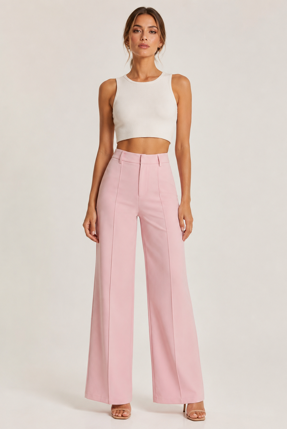 Light gray RARA Boutique straight leg pintuck trouser pants with a tailored fit and crisp crease, shown on a white background.