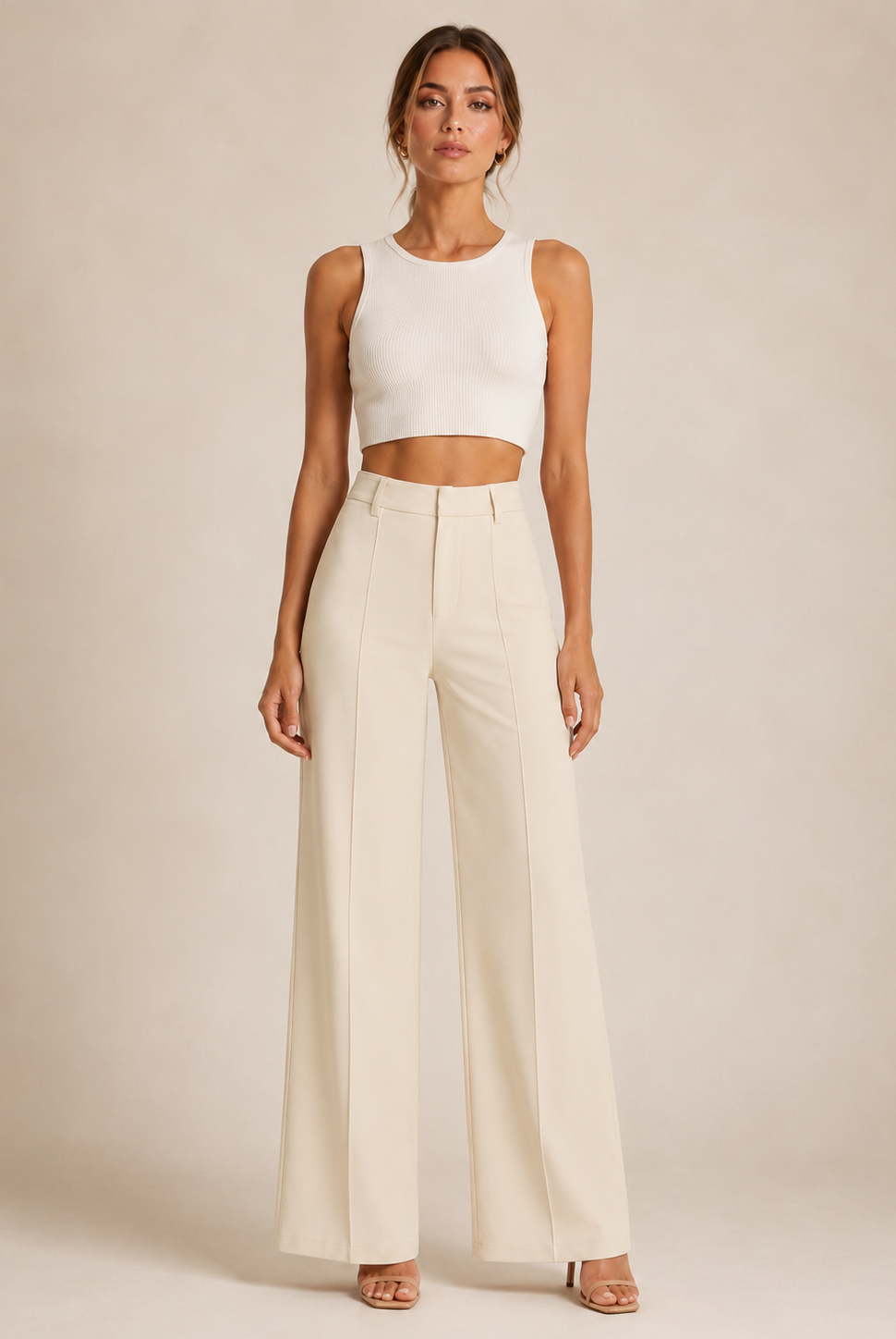 Light gray straight leg pintuck trouser pants by RARA Boutique featuring a tailored fit and crisp pleats.