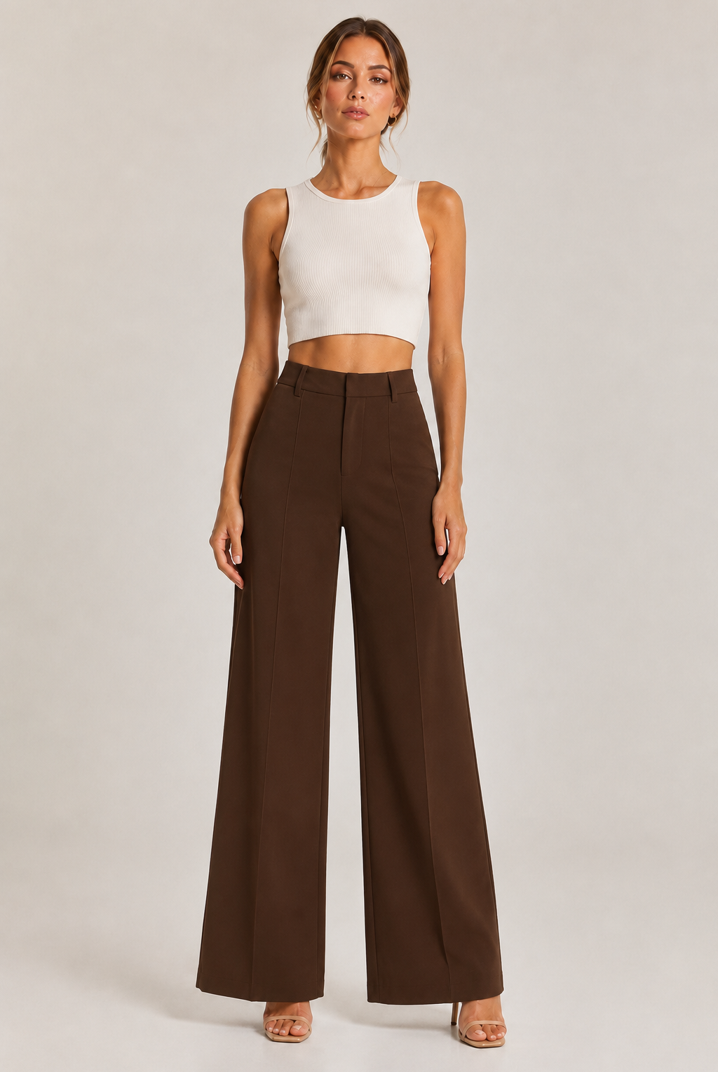Cream-colored RARA Boutique straight leg pintuck trouser pants with a tailored fit and crisp front pleats, perfect for professional wear.