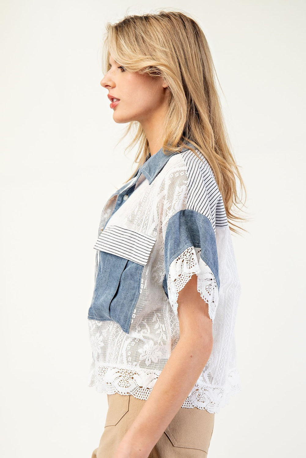 Lace and Denim Colorblock Button Down Blouse - eesome - RARA Boutique