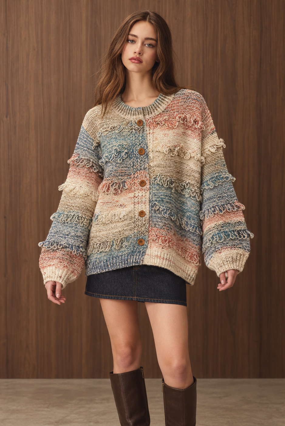 Multicolor textured fringe button-down cardigan sweater by RARA Boutique, featuring a stylish design and cozy fit.