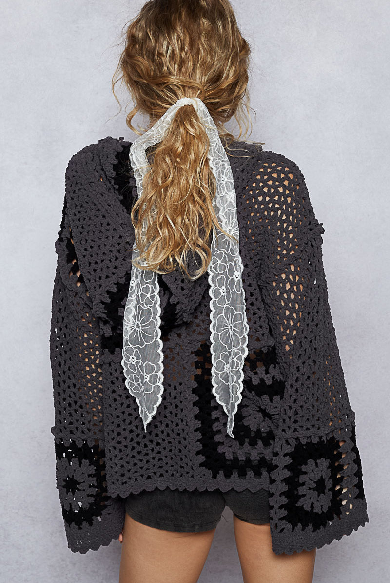 Crochet Square Chenille Hooded Cardigan with Wide Sleeves - POL - RARA Boutique