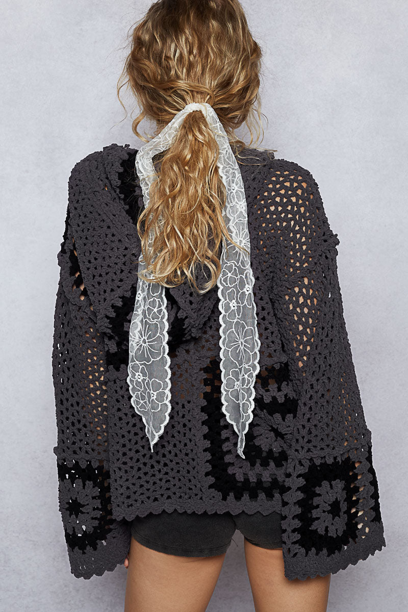 Crochet Square Chenille Hooded Cardigan with Wide Sleeves - POL - RARA Boutique