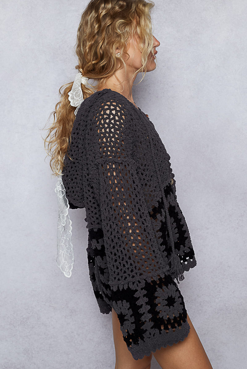 Crochet Square Chenille Hooded Cardigan with Wide Sleeves - POL - RARA Boutique