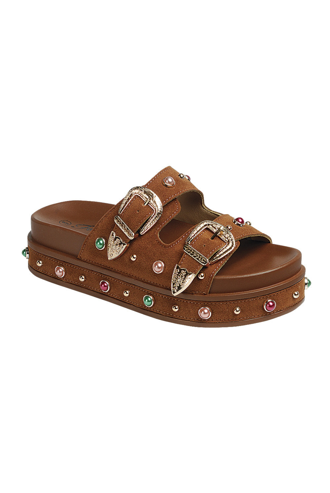 RARA Boutique studded double buckle platform slide sandal showing black leather straps with silver studs and chunky sole.