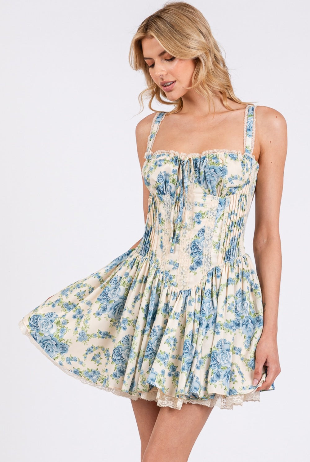 Floral corset drop-waist A-line mini dress by RARA Boutique featuring a fitted bodice and flowy skirt, stylish and elegant.