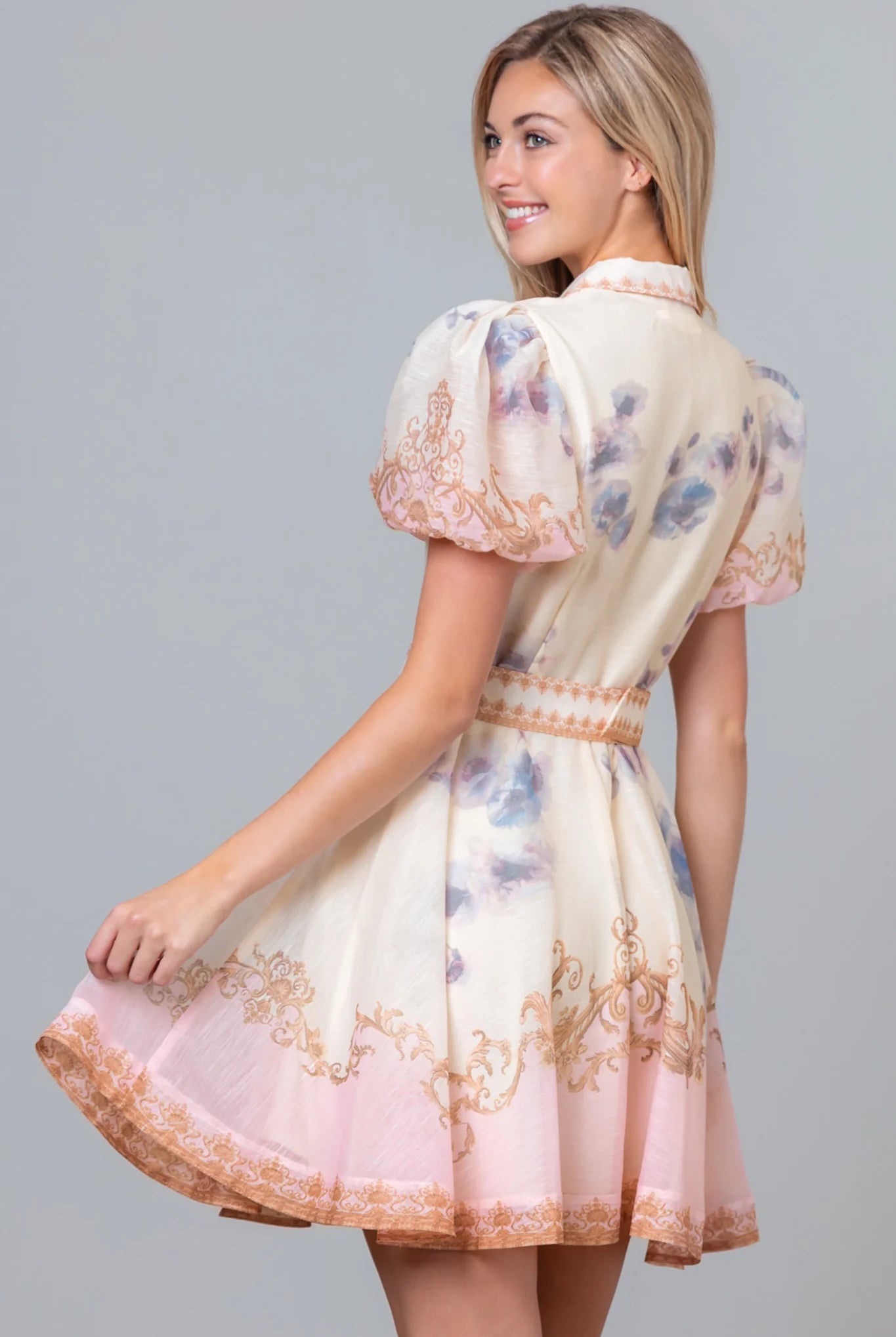 Pink Baroque scrollwork floral mini dress with pearl belt by RARA Boutique, featuring intricate patterns and elegant design.