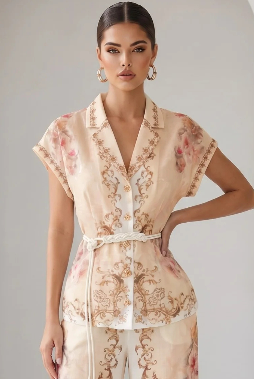 Peach watercolor floral baroque border blouse with button-down front and matching belt, stylish RARA Boutique women's top.