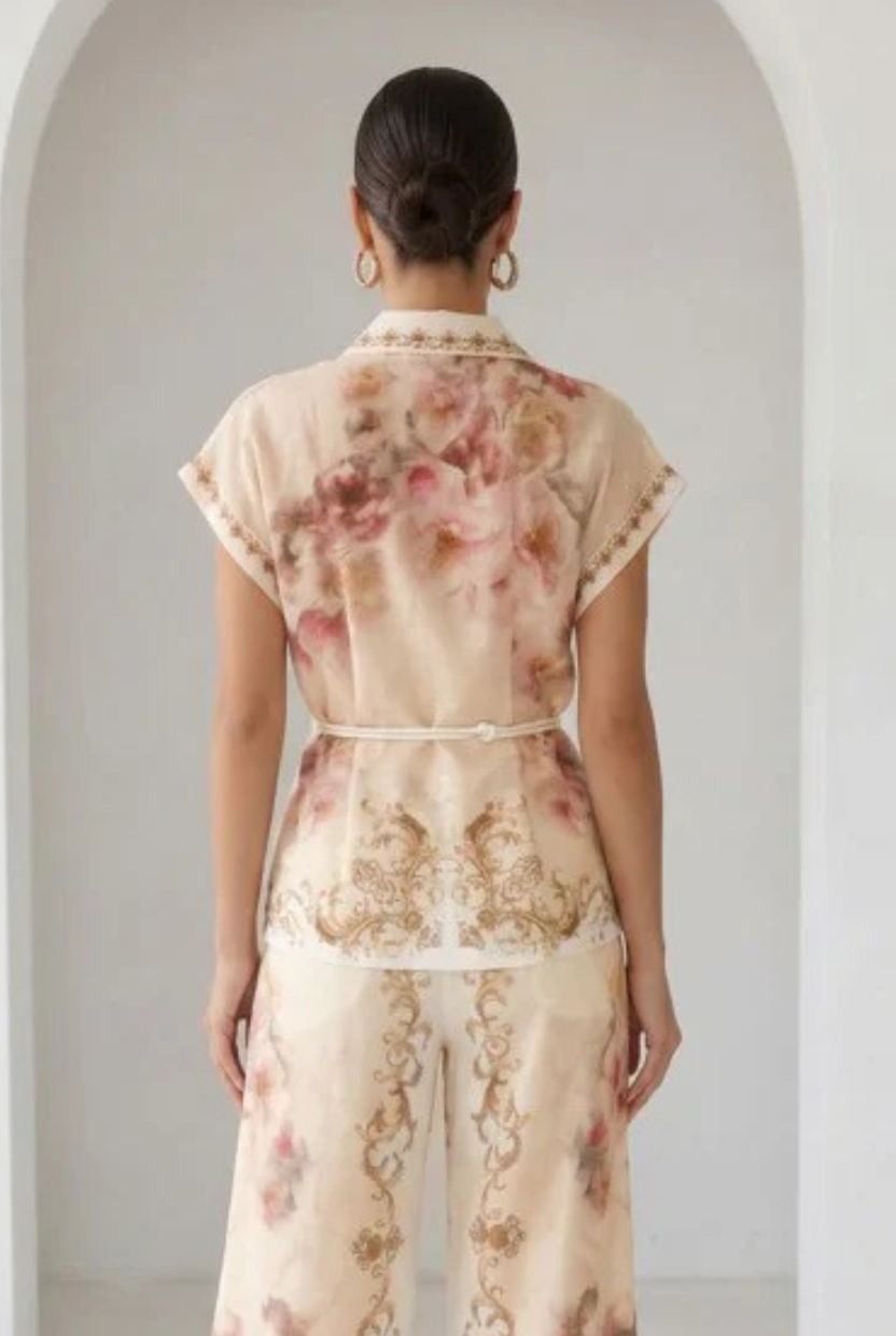 Peach watercolor floral baroque border blouse with button-down front and matching belt from RARA Boutique.