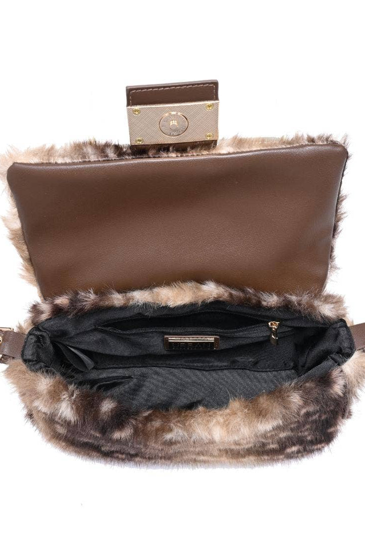 Urban Expressions Tuesday Beverly deer print fur crossbody bag with adjustable strap and gold-tone hardware on a plain background.