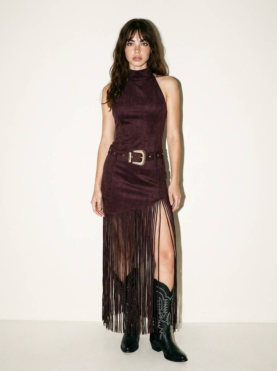 Skylar Rose high neck fringe dress with Western buckle belt, featuring flowing fringe details and a stylish high neckline.