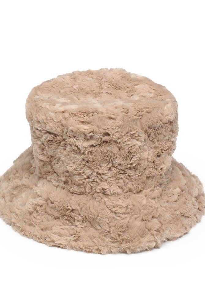 Urban Expressions faux fur bucket hat with plush, soft texture and stylish design, perfect for cold weather accessories.