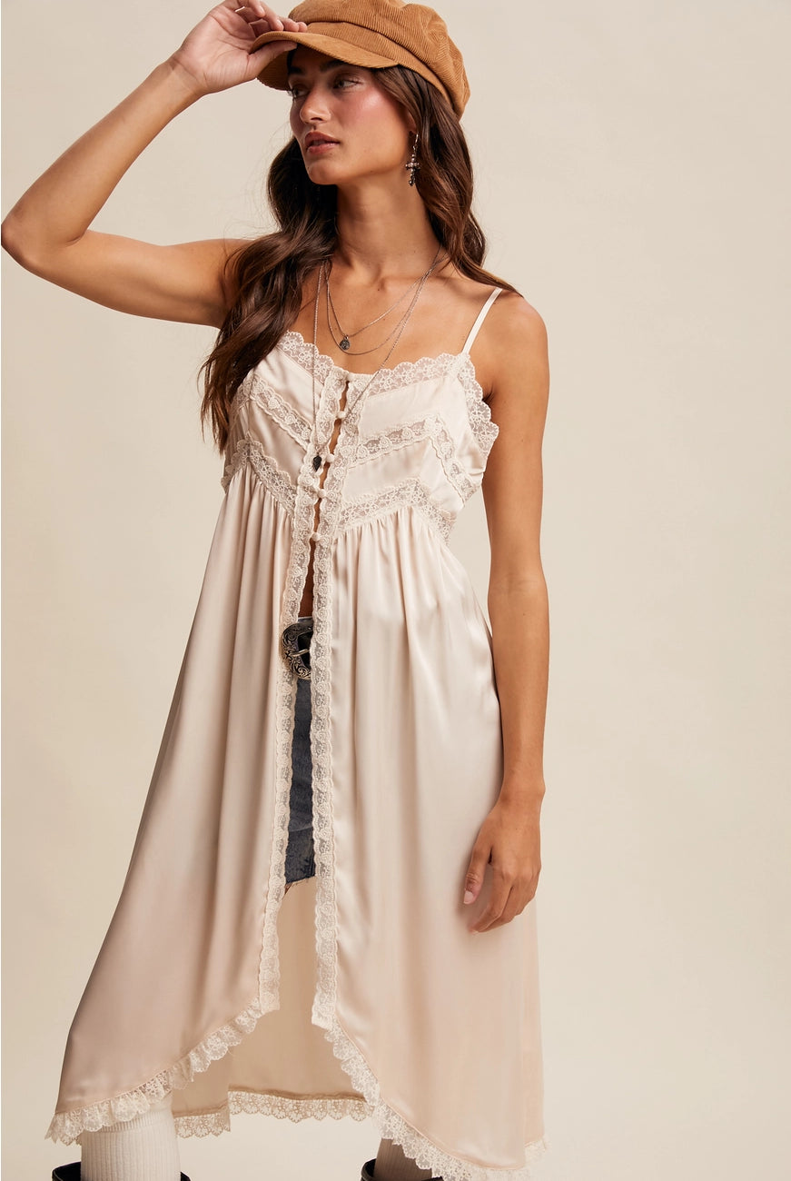 RARA Boutique satin lace trim maxi cami top with delicate lace details and smooth satin fabric, perfect for stylish layering.