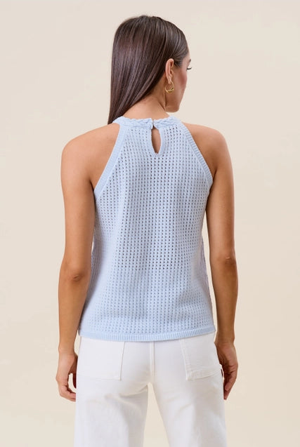 RARA Boutique seashell embellished open-knit halter tank top with a relaxed fit and beachy style.