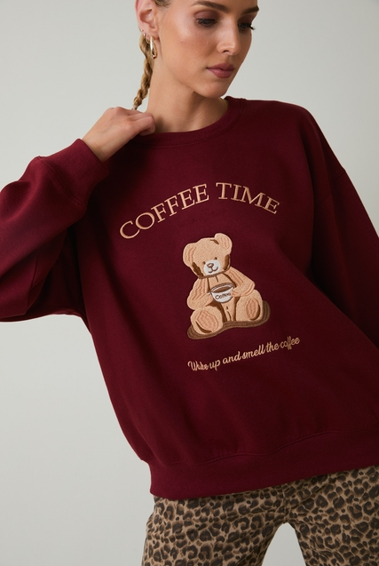 Coffee Time Teddy Bear Embroidered Crewneck Sweatshirt - Sunday Edition - RARA Boutique