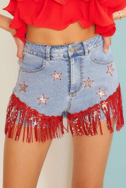 Sequin Fringe Star Denim Shorts - Main Strip - RARA Boutique