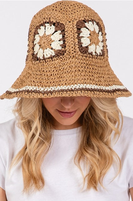 Floral Granny Square Crochet Straw Bucket Hat - RARA Boutique