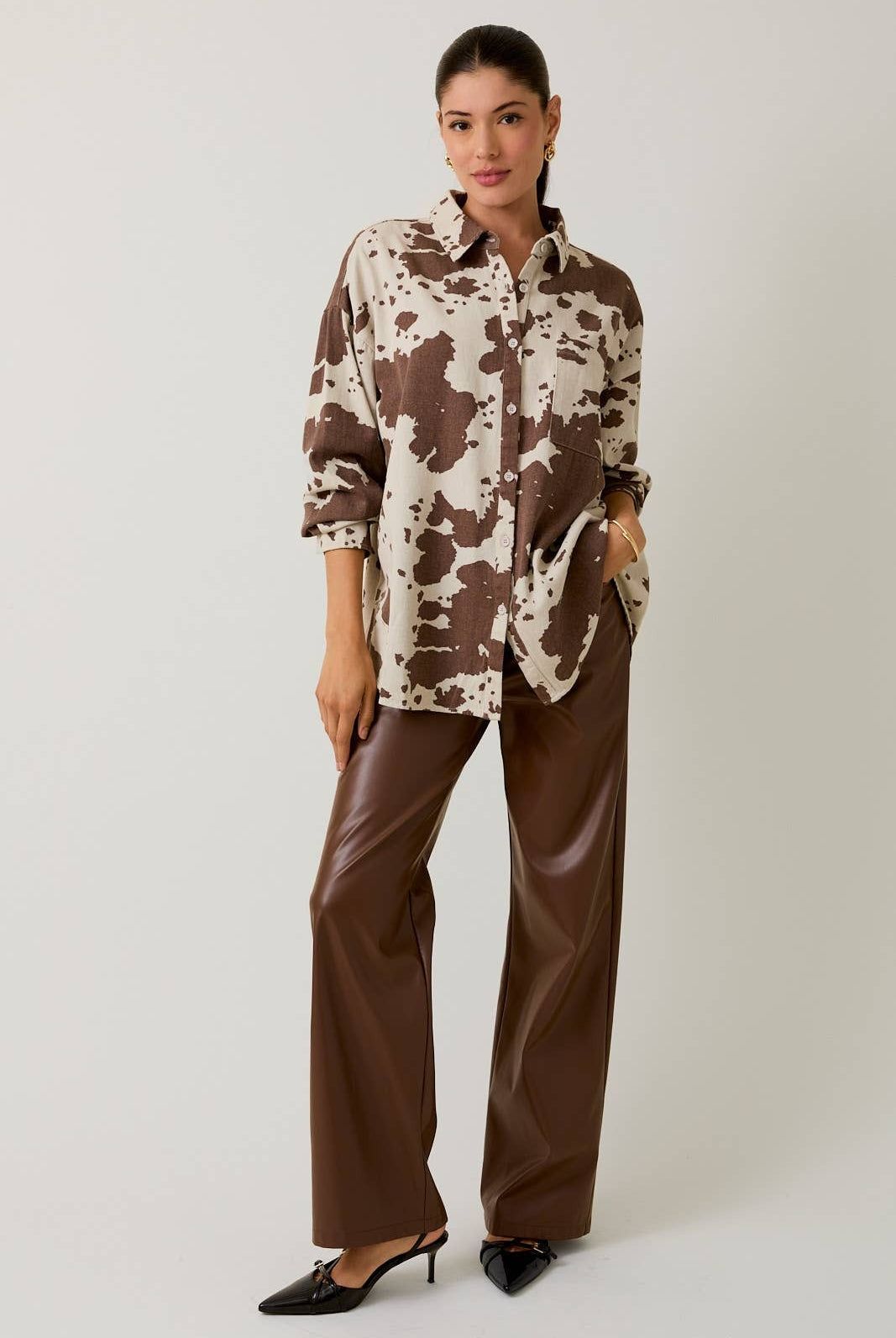 Oversized Cow Print Denim Long Sleeve Button Down Shirt - Sunday Edition - RARA Boutique