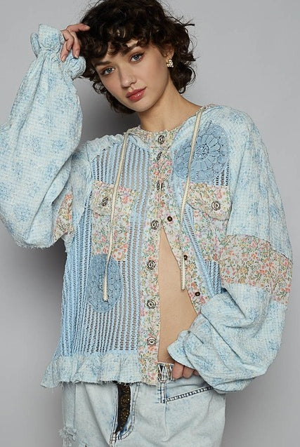 RARA Boutique floral contrast crochet and gauze jacket with balloon sleeves, lightweight and stylish for casual wear.