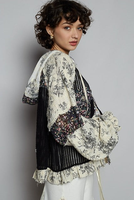 Balloon sleeve floral contrast crochet and gauze jacket by RARA Boutique, featuring a stylish and lightweight design.