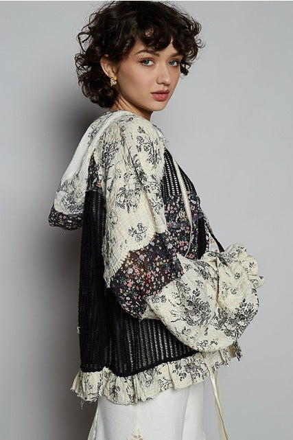 Balloon Sleeve Floral Contrast Crochet & Gauze Jacket - POL - RARA Boutique