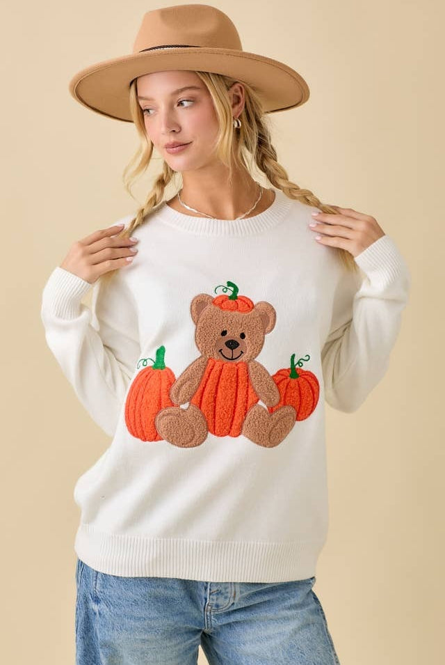 Textured Pumpkin Teddy Bear Embroidered Patchwork Sweater - Main Strip - RARA Boutique