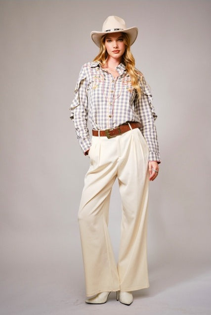 Long-Sleeve Gingham Western Embroidered Button Down Blouse - Blue B - RARA Boutique