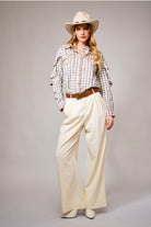 Long-Sleeve Gingham Western Embroidered Button Down Blouse - Blue B - RARA Boutique