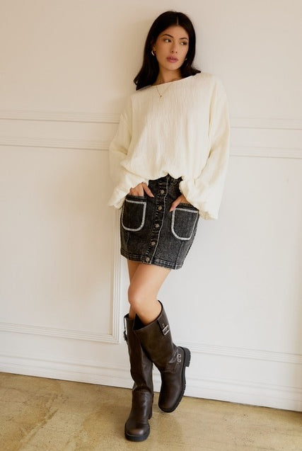 Button Up Contrast Stitch Denim Mini Skirt with Patch Pockets - Sunday Edition - RARA Boutique