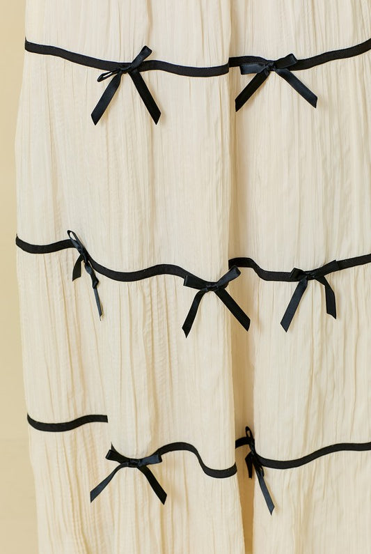 Plisse Bow Contrast Trim Maxi Skirt - Main Strip - RARA Boutique