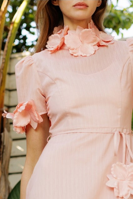 3D Floral Trim High Neck Short Sleeve Midi Dress - EB Luxe - RARA Boutique