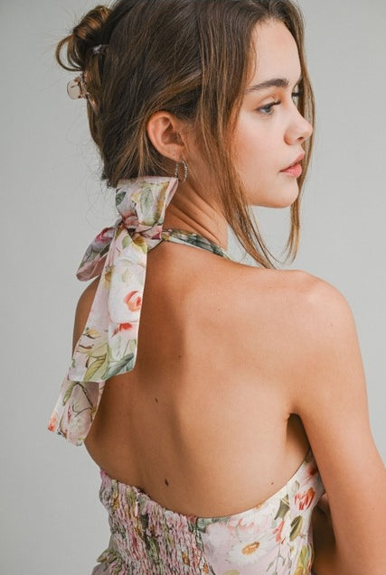 Floral Halter A-Line Mini Dress with Ruffle Hem - Le Cliche - RARA Boutique