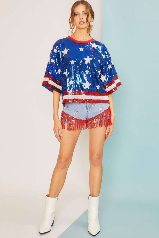 4th of July Star Print Sequin Crop Top - RARA Boutique