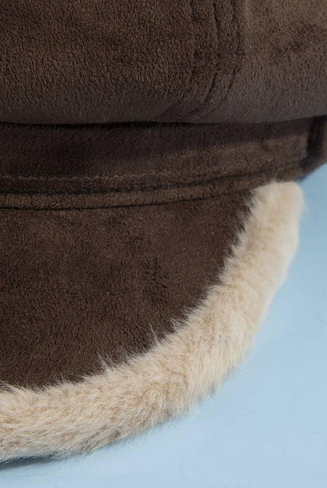 Vegan suede newsboy cabbie hat with plush trim, stylish headwear from Collections by Fame Accessories featuring classic design and texture.