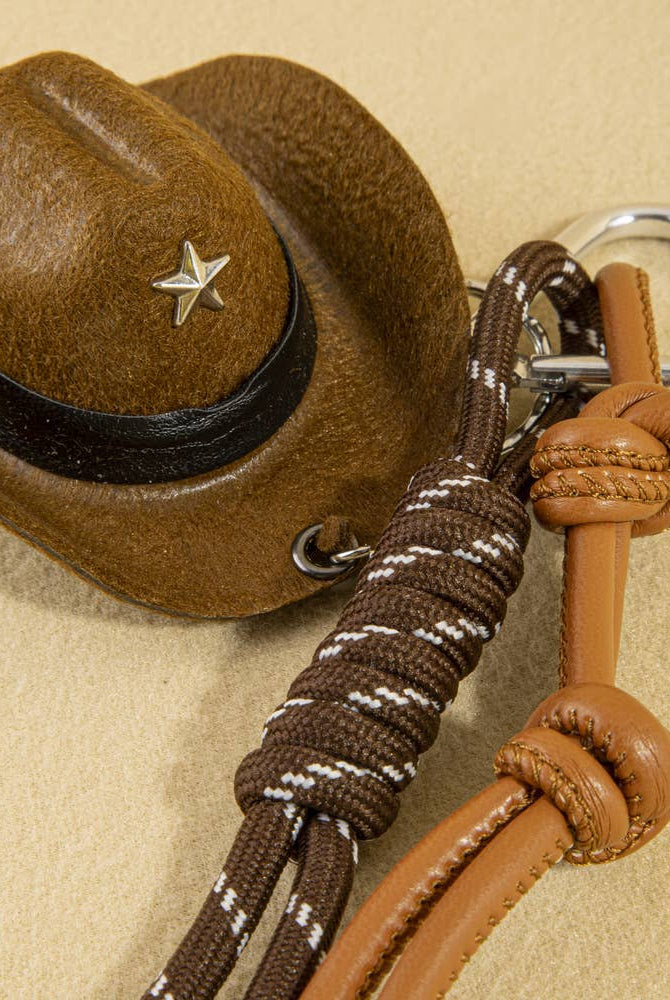 Mini cowboy hat Western rope bag charm from Collections by Fame Accessories featuring a small cowboy hat and rustic rope design.