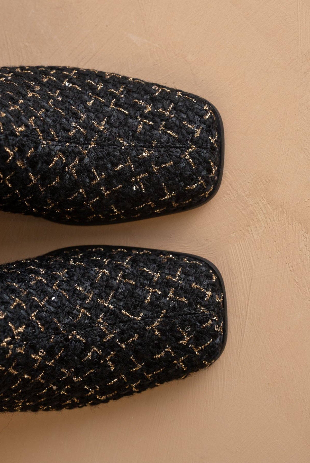 Black tweed woven block heel ankle boot from Oasis Society's The Demi collection, featuring stylish fall footwear with a chic design.