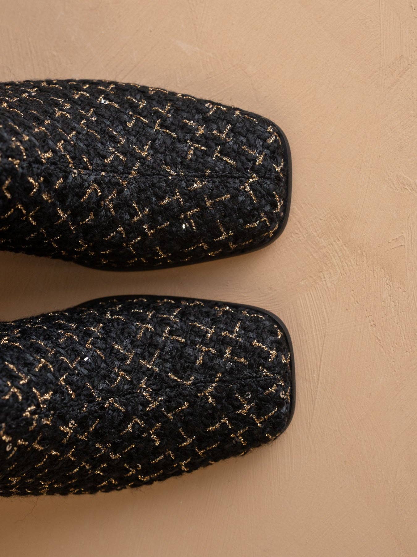 Black tweed woven block heel ankle boot from Oasis Society's The Demi collection, featuring stylish fall footwear with a chic design.