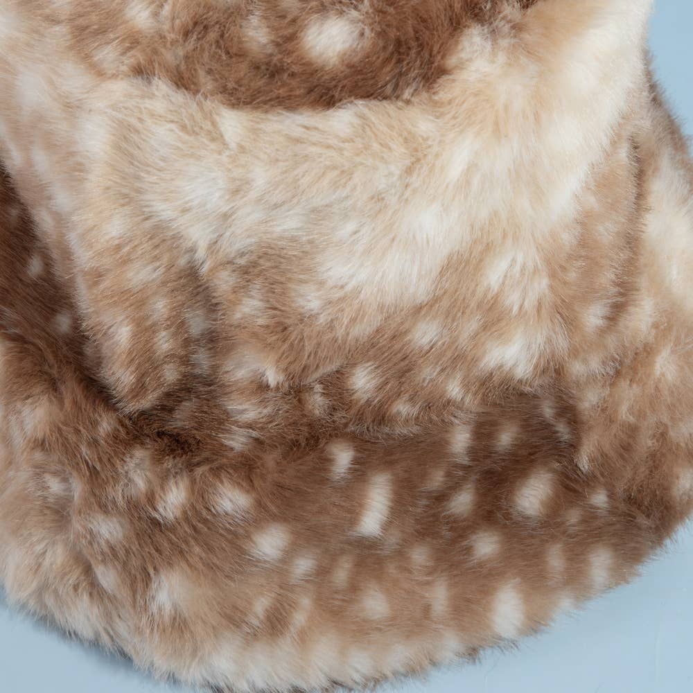 Spotted plush fawn fur bucket hat from Collections by Fame Accessories, featuring soft, textured animal print fabric.
