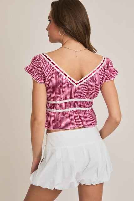 Gingham Lace Trim V-Neck Peplum Crop Top - Le Lis - RARA Boutique