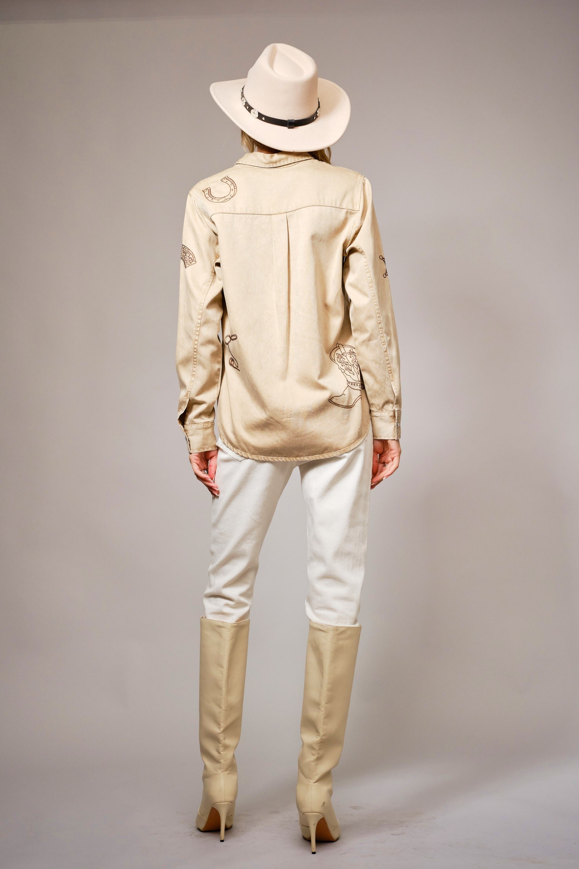 Western Ebroidered Snap Button Chambray Shirt Blouse - Blue B - RARA Boutique