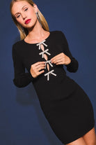 Rhinestone Bow Cutout Long Sleeve Sweater Dress - Le Lis - RARA Boutique