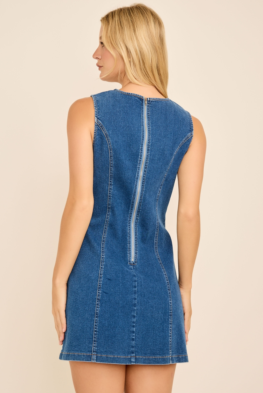RARA Boutique Coastal Charm embellished stretch denim mini dress with striped design, featuring decorative details and a fitted silhouette.