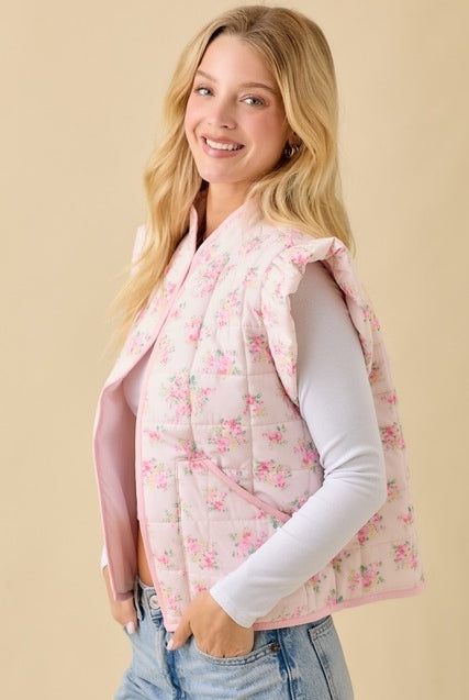 Floral Printed Ruffle Sleeve Quilted Puff Vest - Main Strip - RARA Boutique