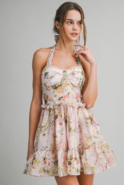 Floral Halter A-Line Mini Dress with Ruffle Hem - Le Cliche - RARA Boutique