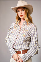 Long-Sleeve Gingham Western Embroidered Button Down Blouse - Blue B - RARA Boutique