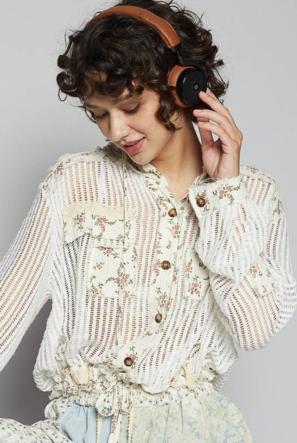 RARA Boutique floral patch open-knit crochet hoodie jacket with colorful floral embroidery and lightweight, breathable design.
