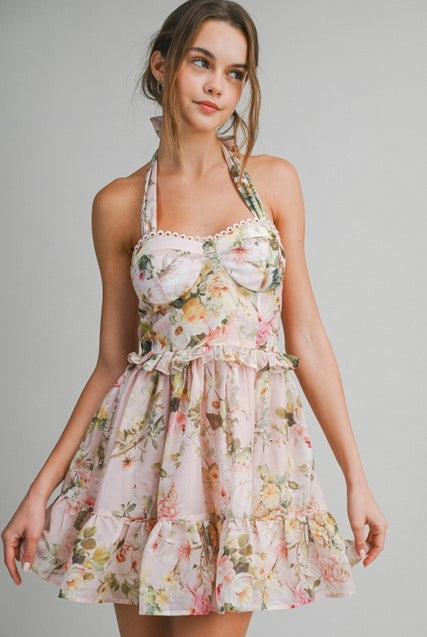 Floral Halter A-Line Mini Dress with Ruffle Hem - Le Cliche - RARA Boutique