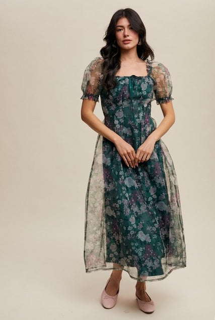 Organza Puff Sleeve Floral Print Maxi Dress - Listicle - RARA Boutique
