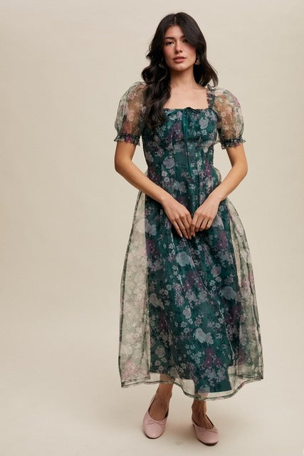 Organza Puff Sleeve Floral Print Maxi Dress - Listicle - RARA Boutique