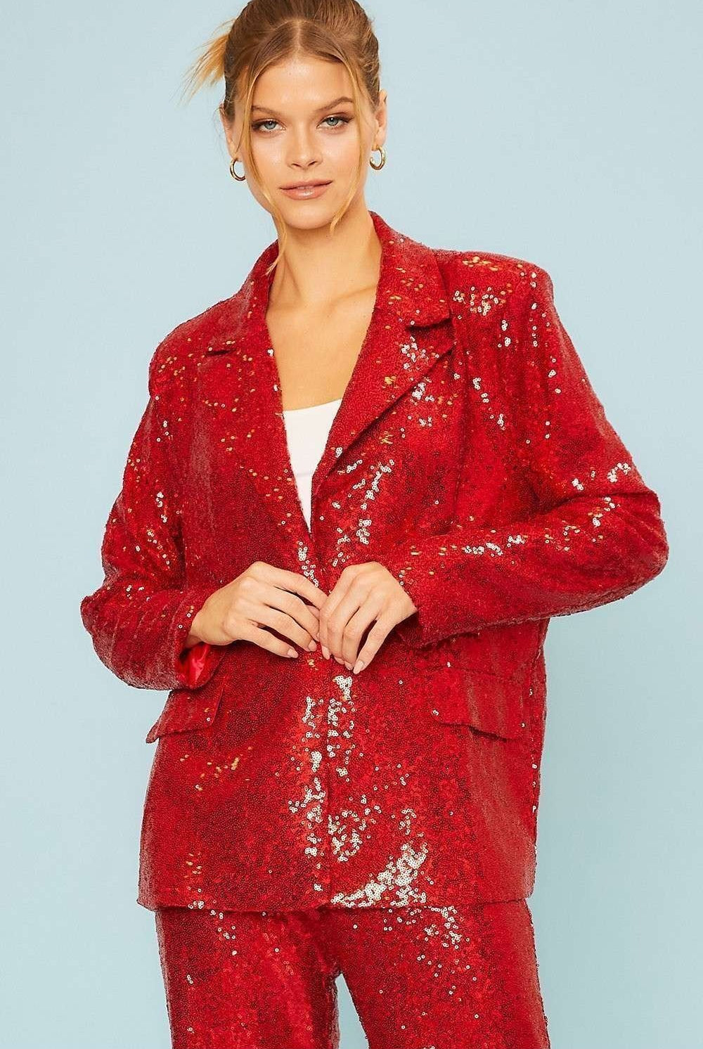Notched Collar Neck Oversized Sequin Blazer Jacket - Main Strip - RARA Boutique